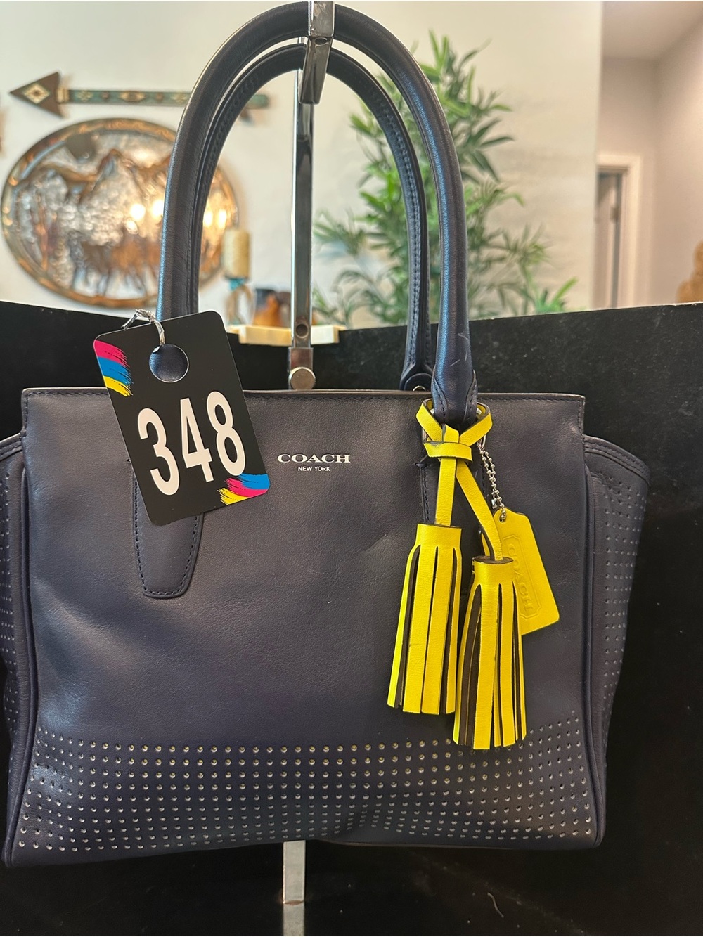 Coach#348 Legacy  Candance Perforated Navy Leather Satchel with Yellow Tassel